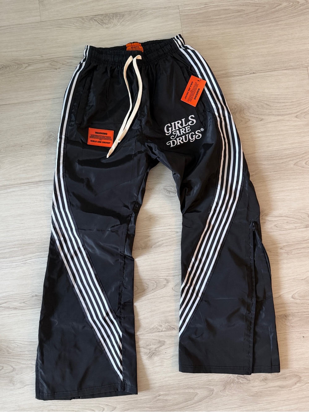 NWT Girls Are Drugs Black& White Track Pants with White Stripe Accents (Small)